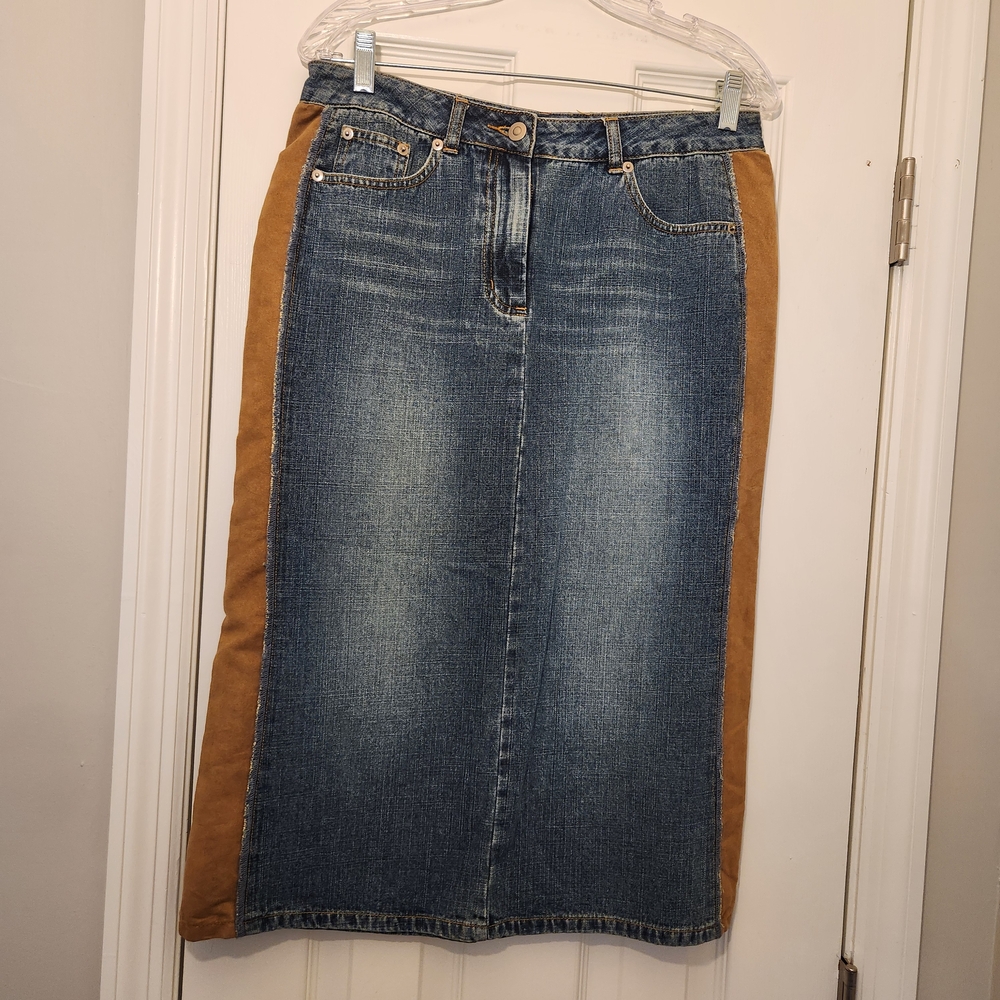 INC Denim with Tan Suede Side Panels Skirt Womens Size 8